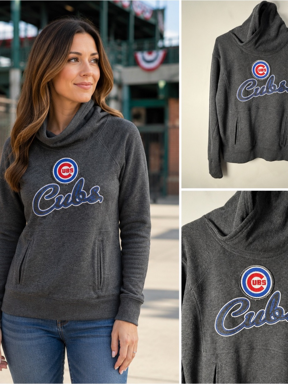 Chicago Cubs Sweatshirt Women’s Size Small Gray Cowl Neck G-III 4Her Embroidered